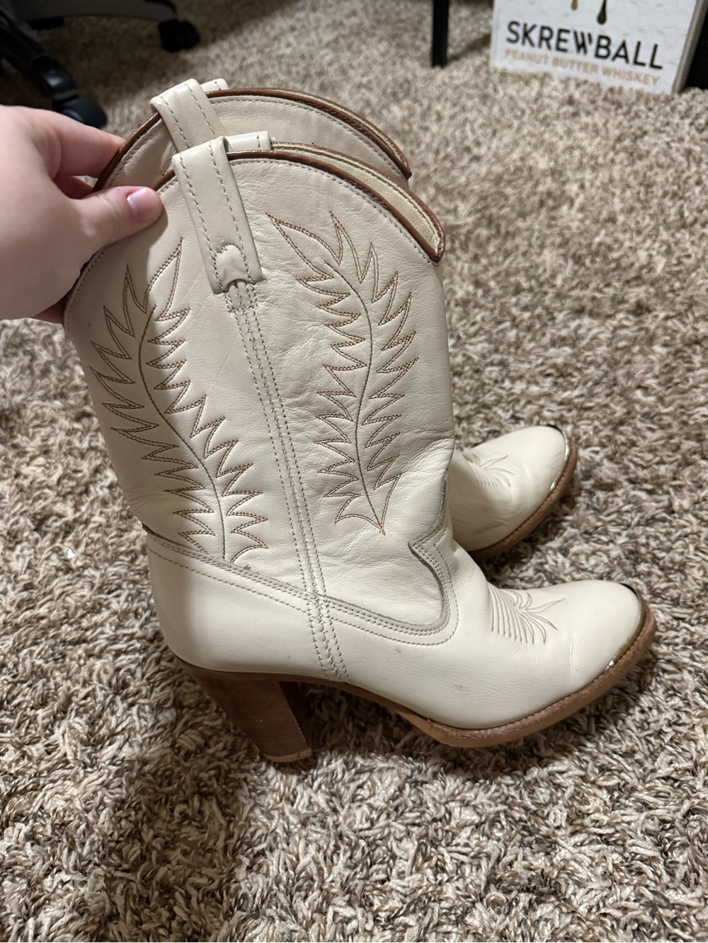 ACME Cream Leather Western Heeled Boots